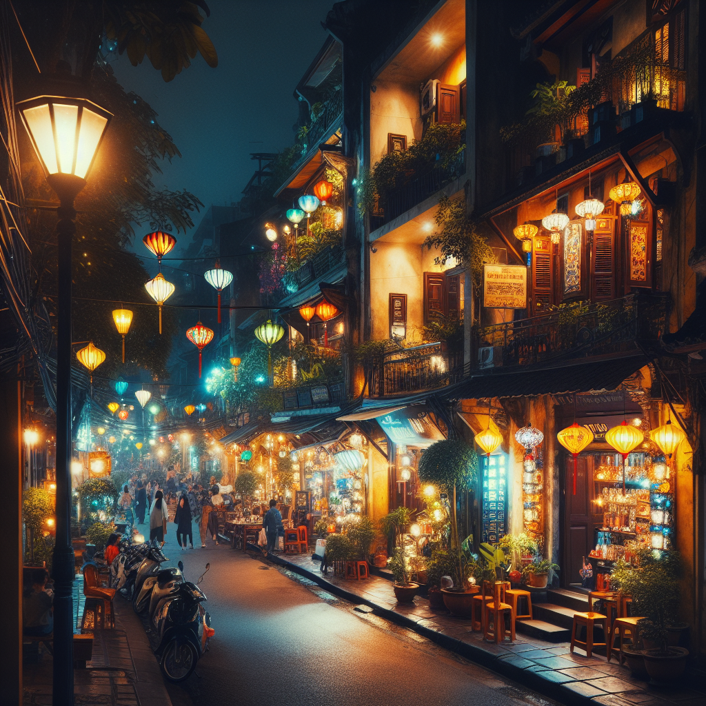 En travel gate i Hanoi om natten, med fokus på sjarmerende overnattingssteder langs siden.