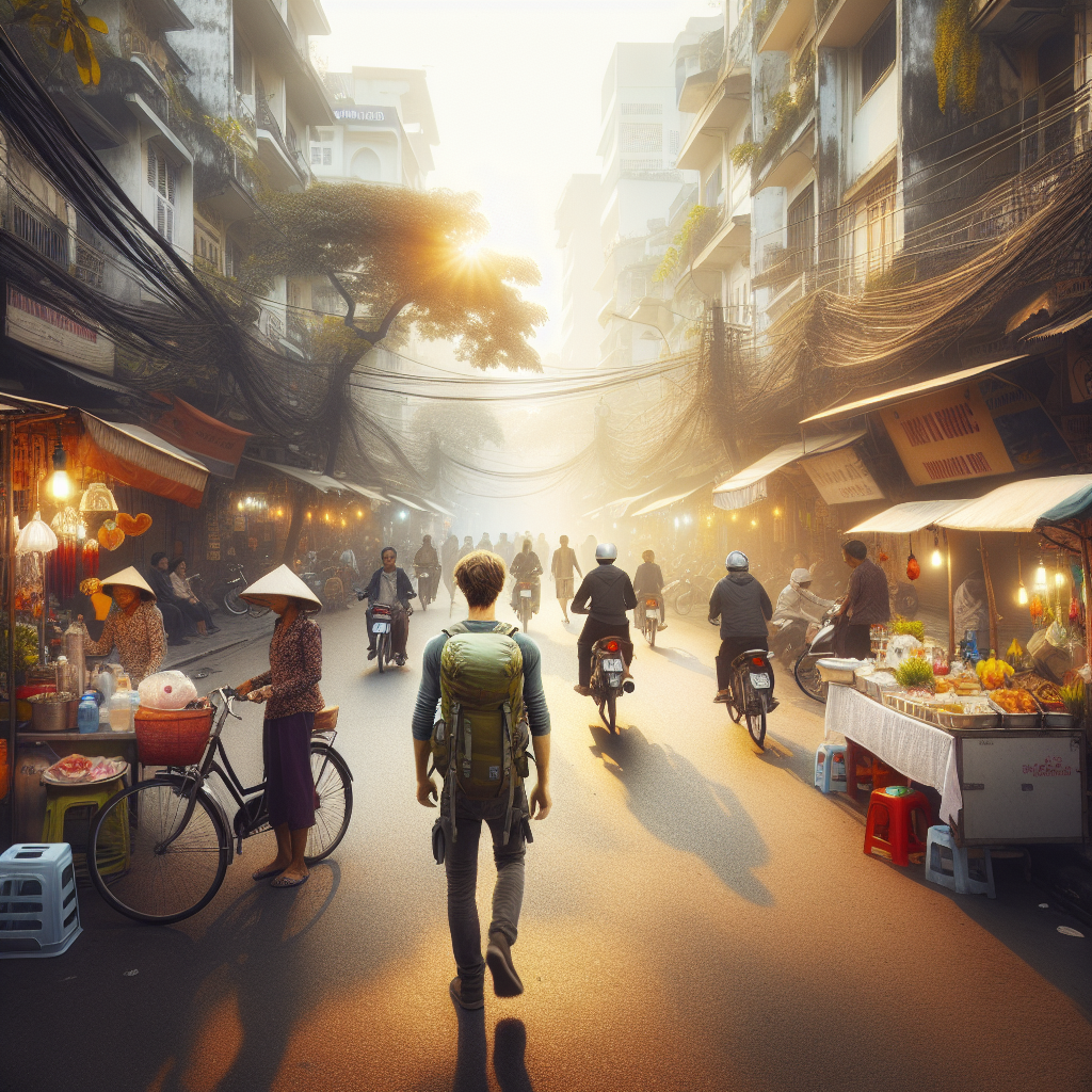 Fargerikt gatebilde fra Hanoi med lokale boder, gående folk, sykler og en reisende med ryggsekk i mykt morgenlys, autentisk atmosfære, høy detalj