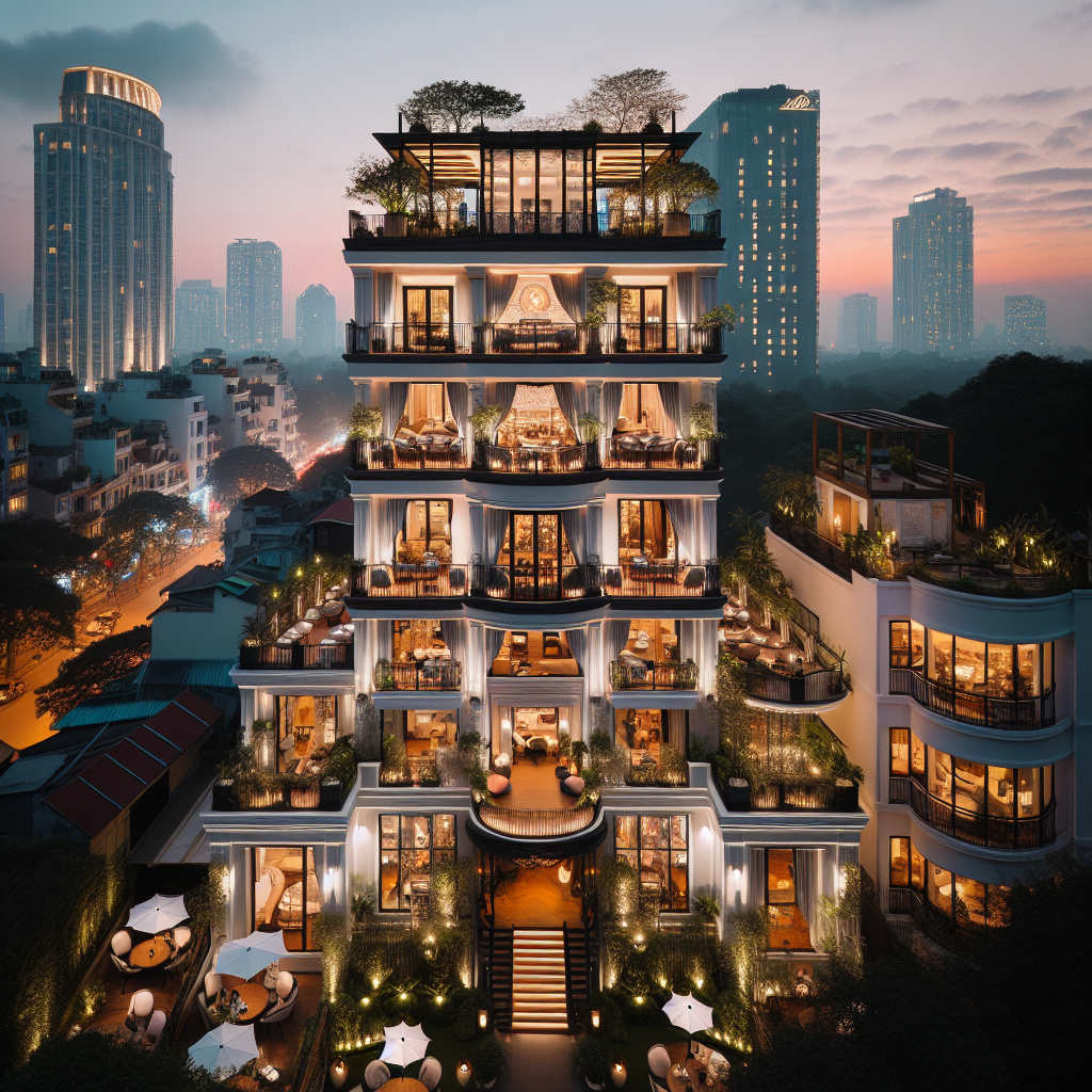 Oversiktsbilde av et stilrent boutiquehotell i Hanoi ved kveld, med balkonger, myk belysning og bysilhuett i bakgrunnen