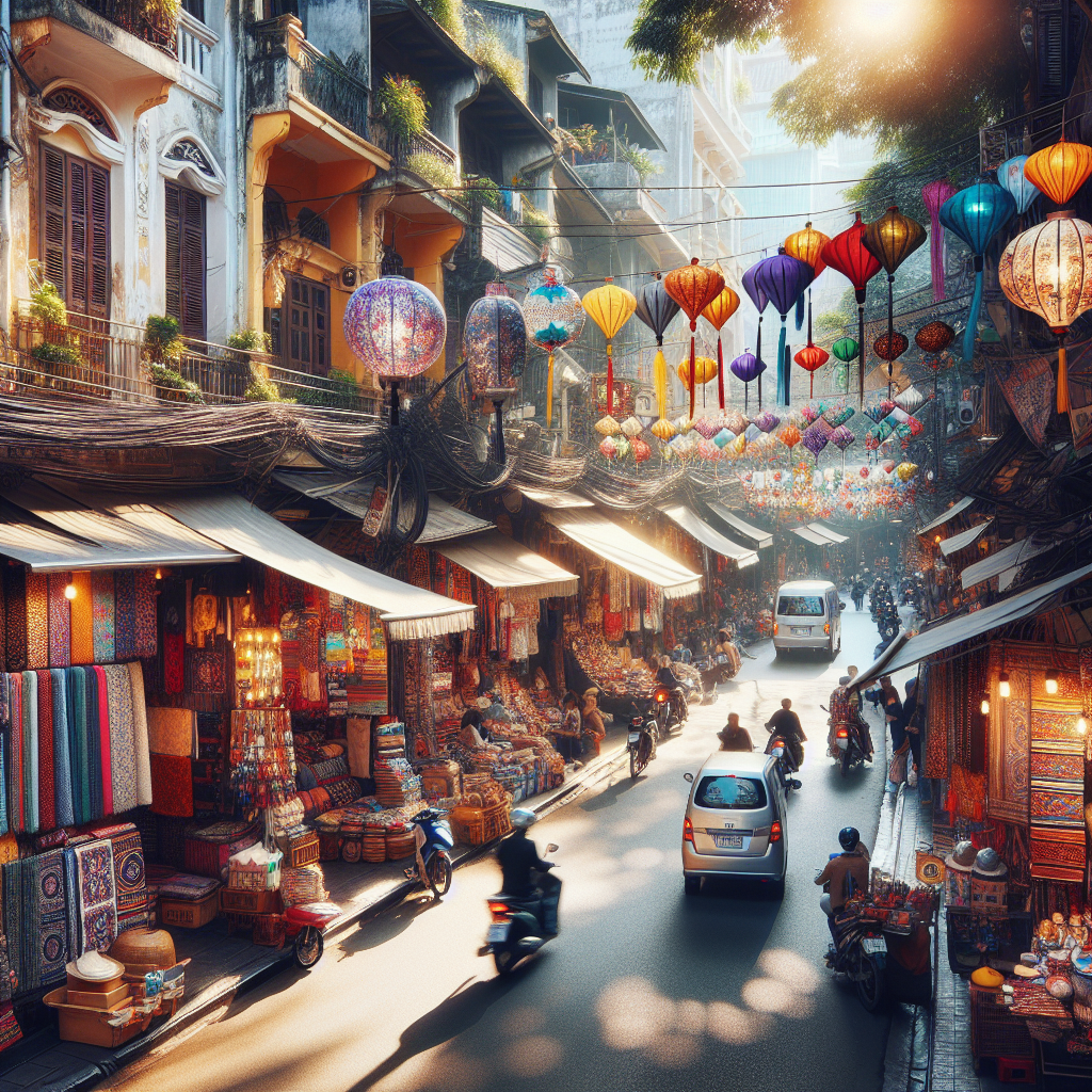 Fargerikt gatebilde fra Hanois Old Quarter med boder, tekstiler og lokal trafikk, sollys, levende atmosfære, fokus på shopping og håndverk