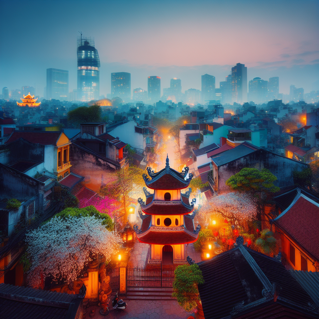 Oversiktsbilde av en gammel Hanoi-gate ved skumring, med en liten pagode i forgrunnen, blomstrende trær, tradisjonelle farger og moderne bysilhuett i bakgrunnen