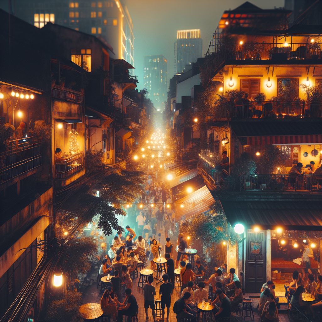Nattlig gate i Hanoi med myke lys fra barer og takbarer, mennesker som nyter live-musikk, varm atmosfære, urbant asiatisk natteliv