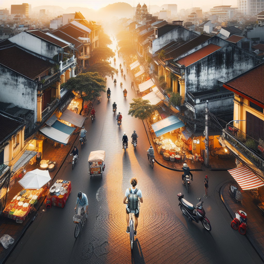 Luftfoto av Hanois gamleby ved soloppgang med gateboder, syklister og en reisende med ryggsekk på fortauet