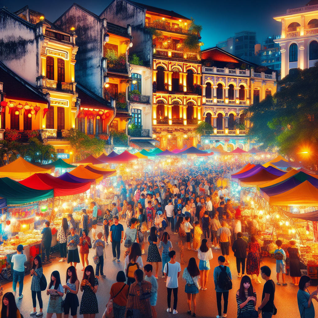 Fargerikt nattmarked i Hanoi med folkemengde, belysning, matboder, tradisjonelle bygninger i bakgrunnen, varm atmosfære og kulturelt mangfold