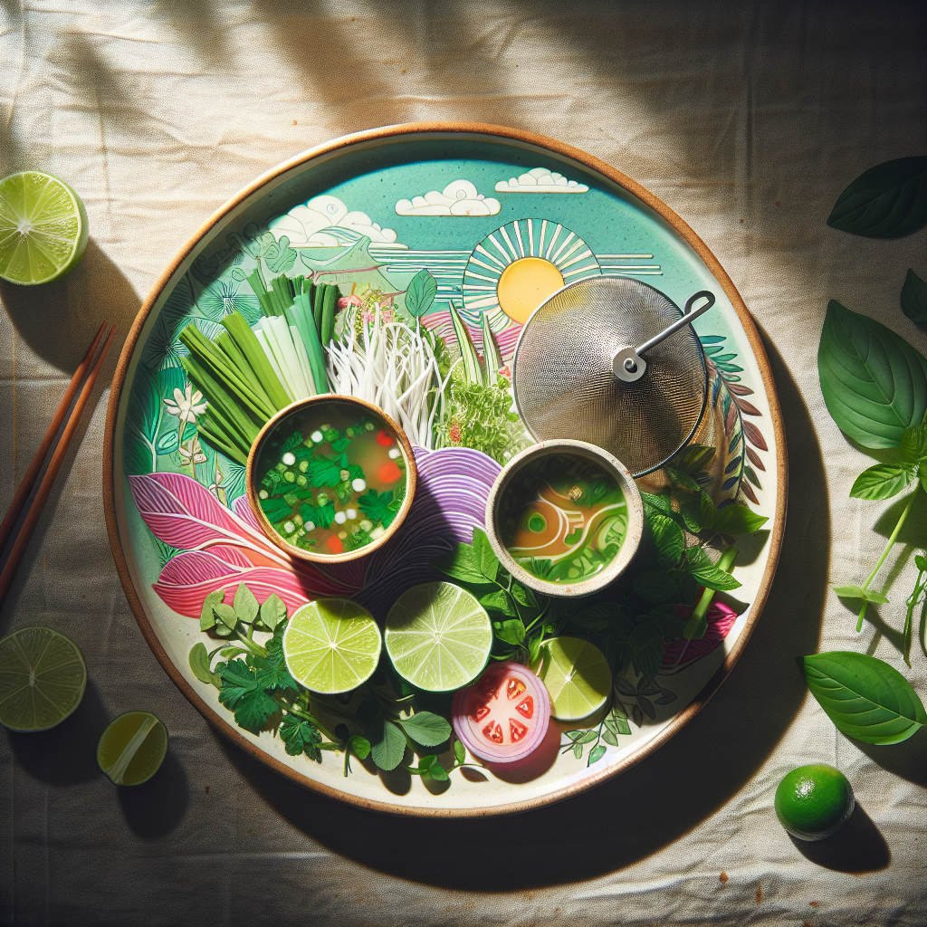 Fargerik tallerken med Hanoi-inspirerte retter: pho-bolle, friske urter, lime og en liten metallkaffefilter ved siden av, naturlig lys, bærekraftig stil