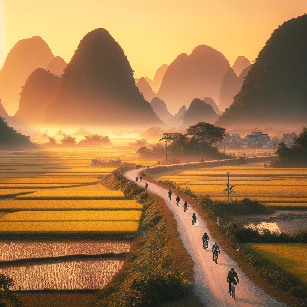 Bredt landskap nær Hanoi med rismarker, kalksteinskarst i bakgrunnen, syklister på en grusvei ved soloppgang, varm fargetone, høy oppløsning