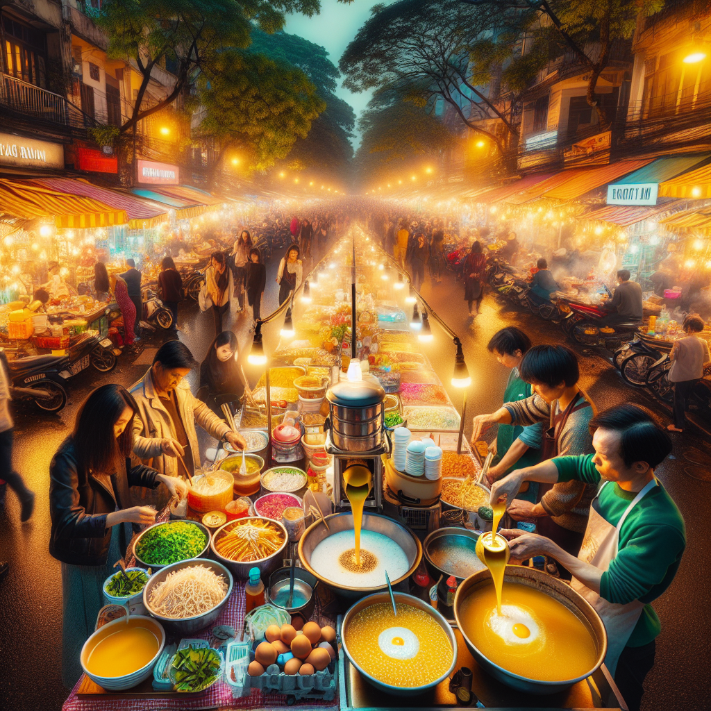 Oversiktsbilde av en travel Hanoi-gate med fargerike matboder, en barista som lager eggkaffe, folk som smaker street food, varmt gulnende kveldslys
