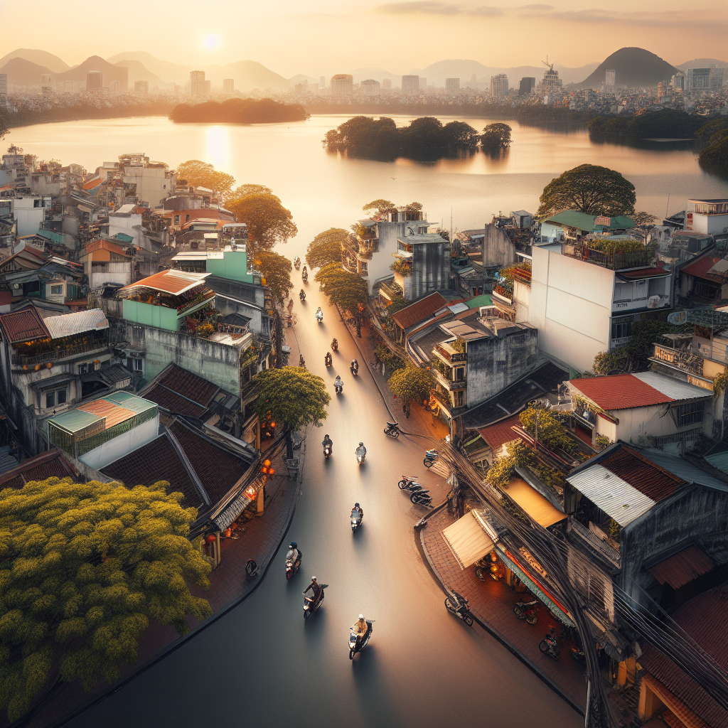 Oversiktsbilde av Hanoi: blanding av smale Old Quarter-gater, en motorsykkel i bevegelse og West Lake i bakgrunnen ved gyllen time