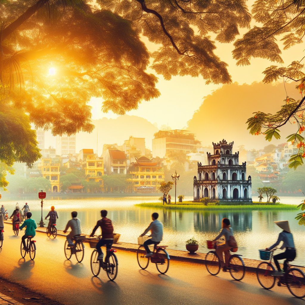 Reisende som sykler ved Hoan Kiem-innsjøen i Hanoi ved soloppgang, blanding av tradisjonelle bygninger og grønne trær, livlig men rolig atmosfære, høy oppløsning