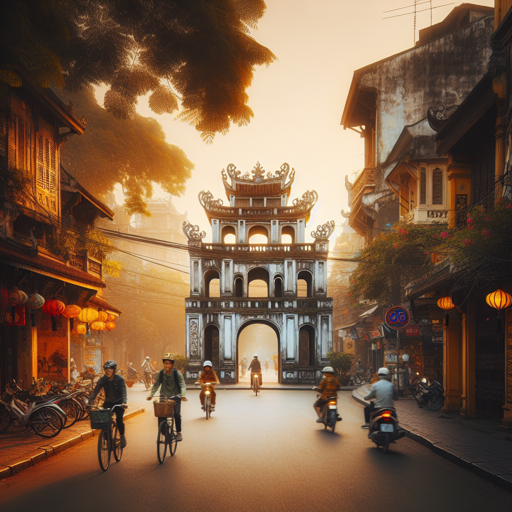 Gatene i Hanois gamleby ved soloppgang, syklister og fotgjengere, gamle tempelfasader, varme farger, dokumentarisk og stemningsfullt